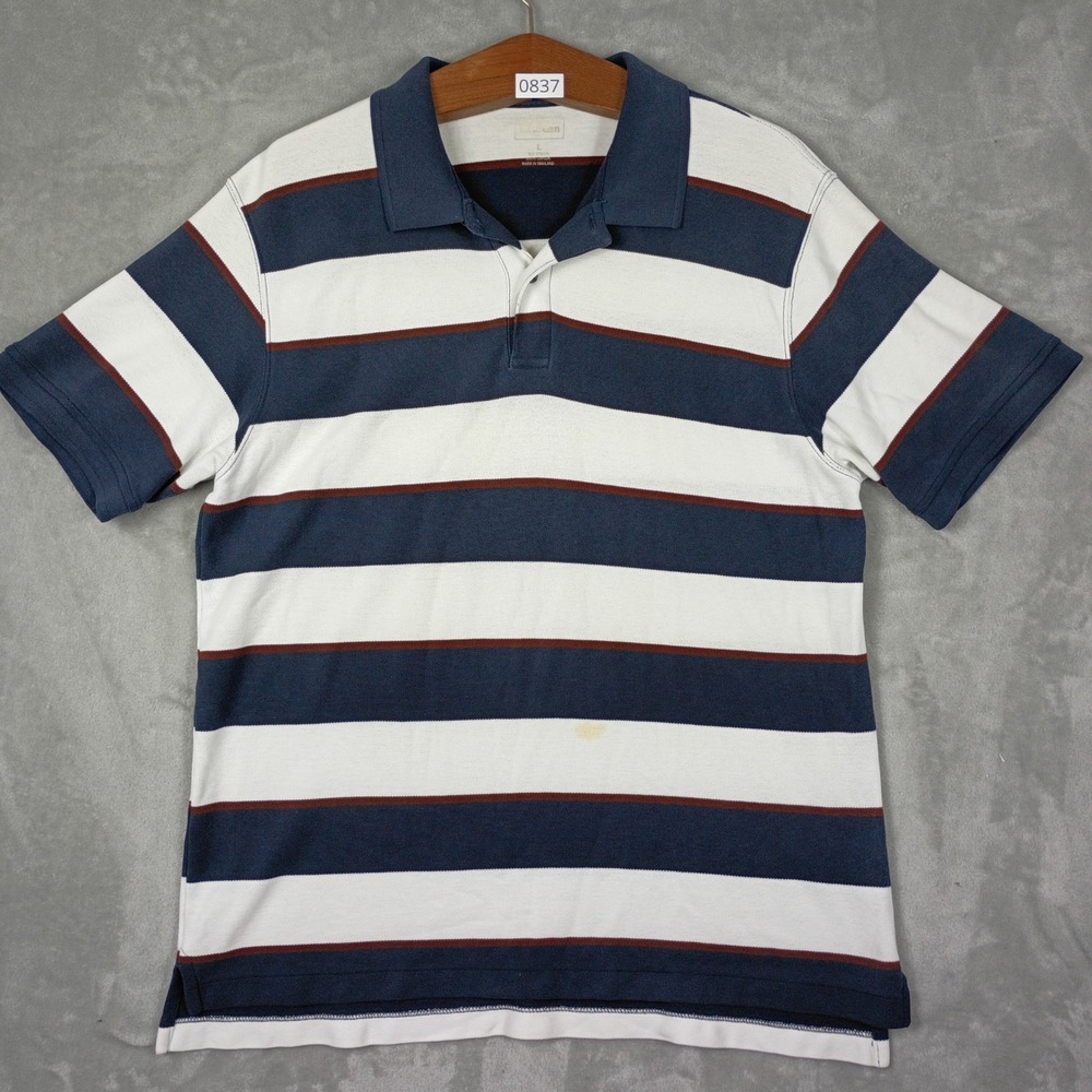 L.L. Bean Polo Shirt Mens Large Blue White Striped Cotton Gorpcore Outdoors 90s